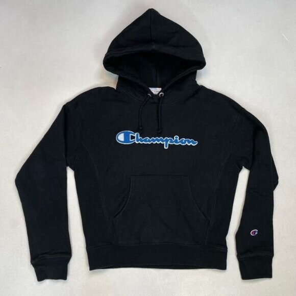 Champion Reverse Weave Pullover Hoodie Women XS Black Spellout Logo - Picture 1 of 5